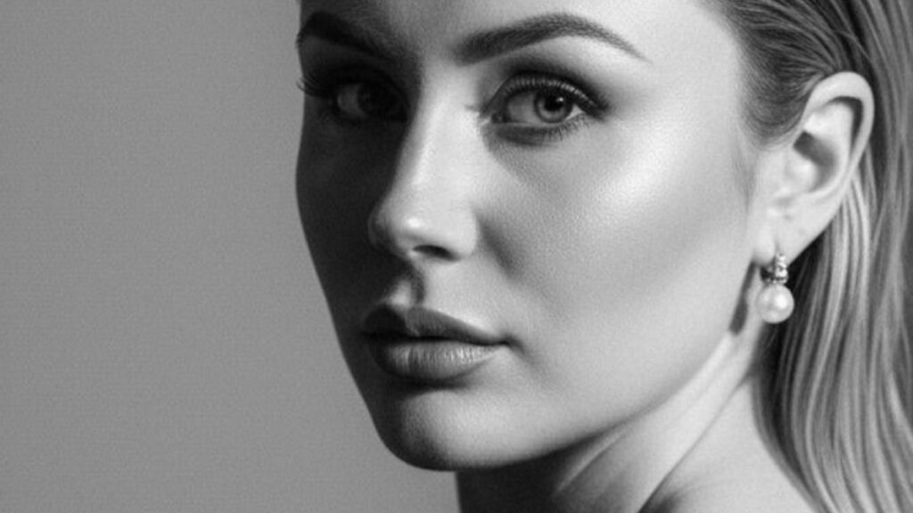 Portrait of a woman in soft light, minimal modern style, looking to the side.